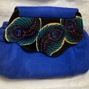 Blue Suede Moon Bag clutch/with hand painted peacock feather plate